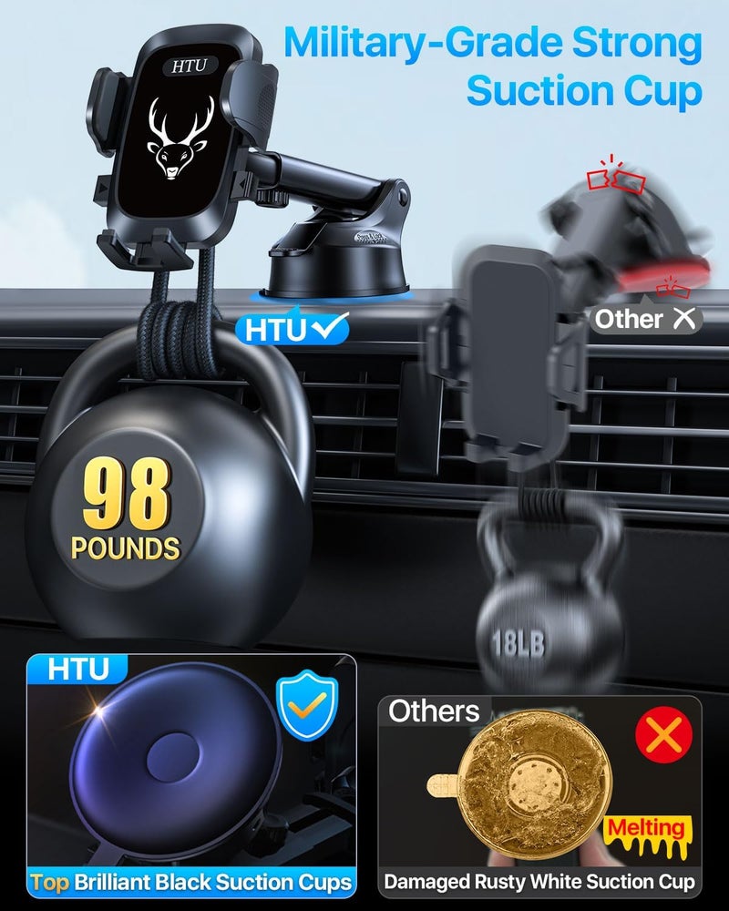 HTU 【98+LBS Strongest Suction & Military-Grade】Ultimate Car Phone Mount【Patent & Safety Cert】 Cell Phone Holder Truck Stand for Dashboard Windshield Vent for iPhone 17 Pro Max 16 15 Samsung,Graphite Black - Image 3